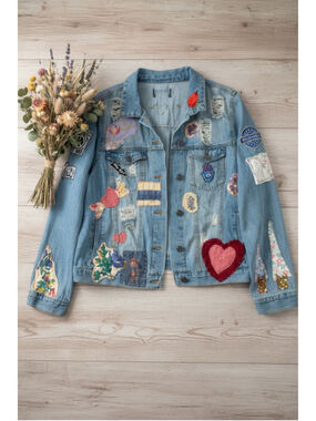 Handmade Upcycled Denim Jacket Patchwork Embroidered One of a Kind Wearable Art